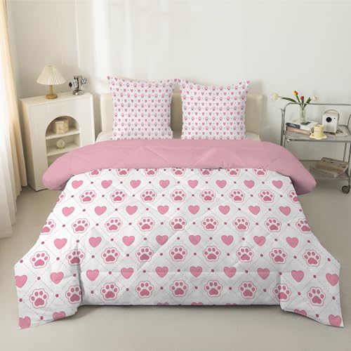 Herz Bettdecke 135x200 4 Jahreszeiten, Tierpfotenabdrücke Steppdecke 135x200, Warme Ganzjahresdecke Rosa Bettdecke ohne Bezug Waschbar Schlafdecke mit 2 Kissenbezug 80x80cm, D16