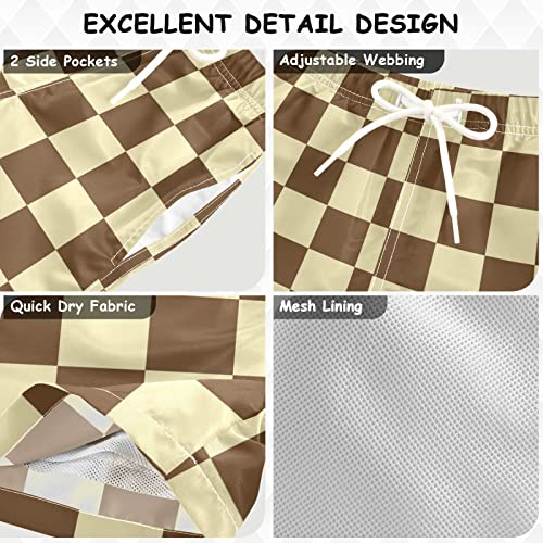 Vintage Brown White Checkered Boys Swim Trunks Plaid Toddler Beach Board Shorts Baby Summer Bathing Suit 2T3