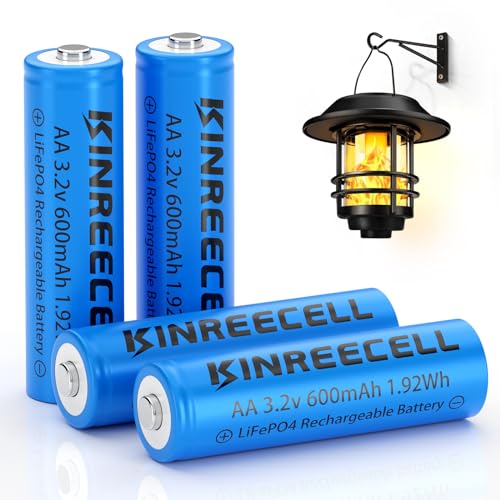 KINREECELL 3.2v AA 600mAh Akku, LiFePo4 Double A Akku mit geringer Selbstentladung, 3.2v Akkus für Solarleuchten, Wandlaternen, Solarpfostenleuchten（AA-3.2v-600mAh）
