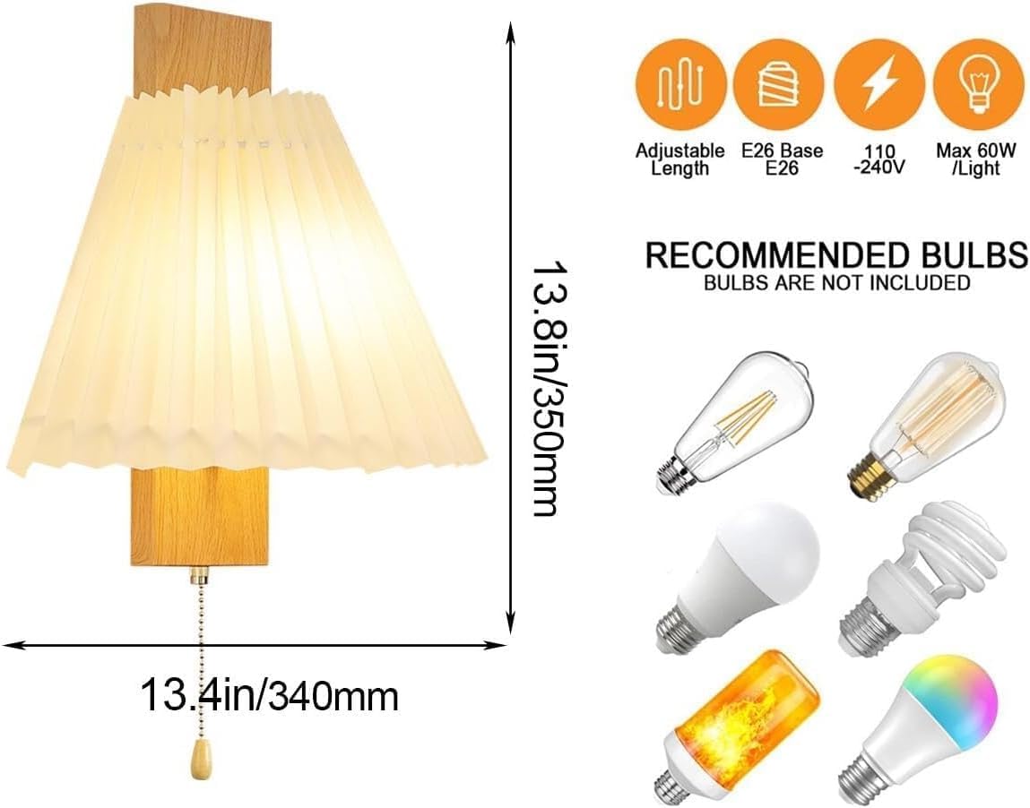 Nordic Creative Wall Light Bedside Bedroom Wall Mounted Sconces with Pull Cord Switch Hardwired Light Log Style Pleated Fabric Shade Wall Lamp Night Lamp Fixture for Living Room Loft
