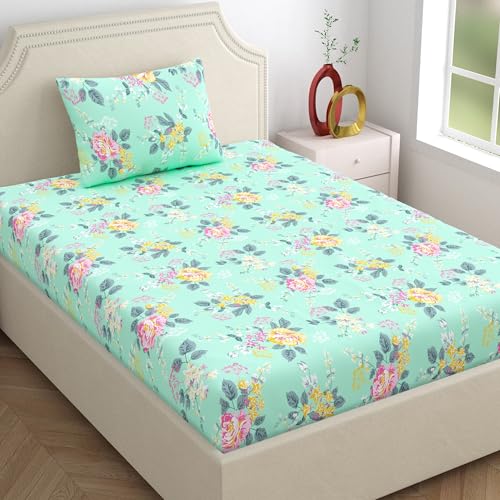 Image of Home Ecstasy 100% Cotton Single Bedsheet with 1 Pillow Cover - (Size 59 x 87 inches, 140 TC, Colour - Seagreen: Sea Foam)