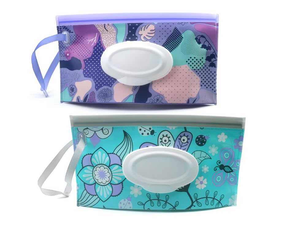 Baby Wipes Dispenser, 2 Pcs Travel Baby Wipe Holder, Refillable Baby Wet Wipe Pouch, Reusable Baby Wipes Container, Portable Baby Wipe Dispenser, Wipe Bags for Travel, blue purple Floral
