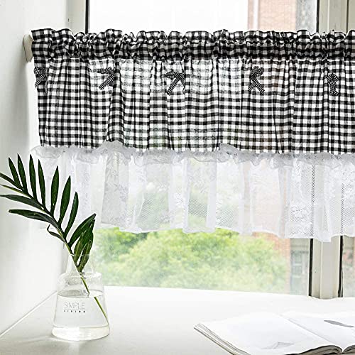 Hellotree Buffalo Check Plaid Window Valances Cotton Blend Gingham Design Yarn Dyed Rod Pocket Valance Curtains For Kitchen/Living Room - 18"X52", Black #TOP29