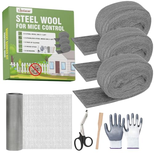Image of Steel Wool Mice Control, 3 Pack 3''x11.5Ft Steel Wool & 1 Pack 5''x15Ft Stainless Steel Wire Mesh with Gloves, Scissors & Wood Stick, Mouse Hole Filler DIY Kit for House & Garage, Wall Gaps