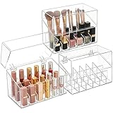 Foraineam 3 Pack Lipstick Holder Organizer with Lid, 18 Spaces Clear Acrylic Lipstick Display Stand Container, Dust-proof Beauty Makeup Storage Case for Cosmetic Dresser Vanity Cabinet Display