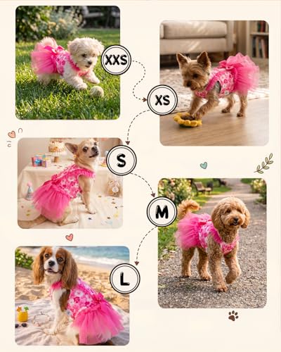 Image of CuteBone Hot Pink Cherry Blossom Pet Dress for Small Dogs, Cats - Double-Layer Ruffled Skirt - Satin Bow - Spring, Summer, Party Dress