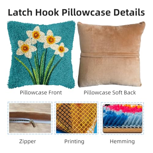 Image of DIY Latch Hook Pillow Kits for Adults Daffodil Flower Printed Pillowcase Crochet Yarns Hooking Handmade Pillow Cover Cushion for Home Sofa Decoration 17x17inch-6