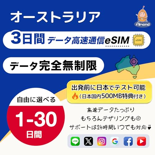 �yAlmond eSIM�z �I�[�X�g�����A 3���� ���S�f�[�^������ 5G 4G-LTE �����ʐM �g������b�������s�E�������p�� ����SIM�s�v Australia �v���y�C�hSIM�b�o���O���{�e�X�g�peSIM500MB 24���ԑ�����T�|�[�g (3����