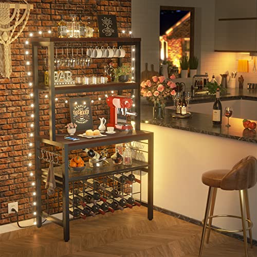 Unikito Bar Cabinet For Liquor And Glasses With Power Outlet, Freestanding Wine Rack, Liquor Bar Cabinet With Wine Bottle Shelves, Kitchen Baker's Rack With Storage And Hook For Dining Room, Espresso #TOP5