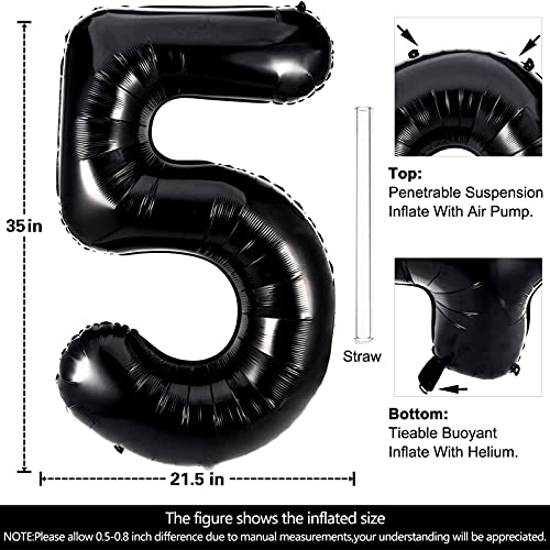 40 Inch Large Black Number 5 Balloon Extra Big Size Jumbo Digit Mylar Foil Helium Balloons for Birthday Party Celebration Decorations Graduations Wedding Anniversary Baby Shower Supplies Photo Shoot
