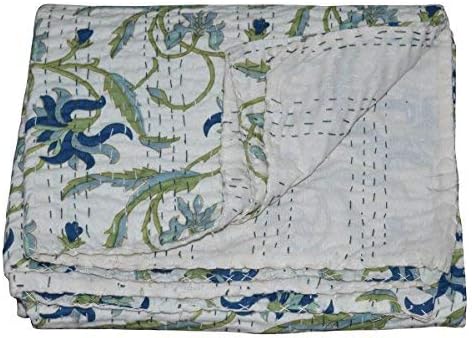 YUVANCRAFTS Indian Kantha Quilt Floral Screen Print White Gudri Blanket Bedspreads Throw