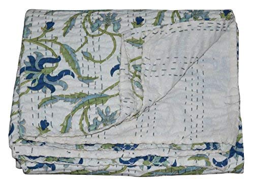 YUVANCRAFTS Indian Kantha Quilt Floral Screen Print White Gudri Blanket Bedspreads Throw