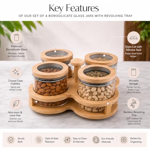 Image of Borosilicate Glass Storage Jars Set of 4 with 360 Rotating Bamboo Tray, 500ml Airtight Round Glass Containers with Silicone-Sealed Wooden Lids, Dry Fruit, Nuts, Spice Organizer for Kitchen