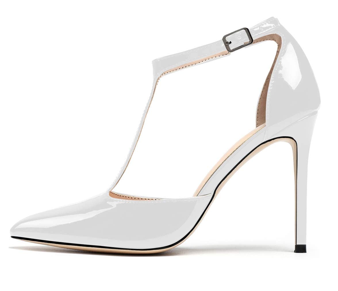 YODEKS Women's Pointed Toe T-Strap Cut Out Ankle Strap Stiletto High Heel Dress Party Pumps Shoes