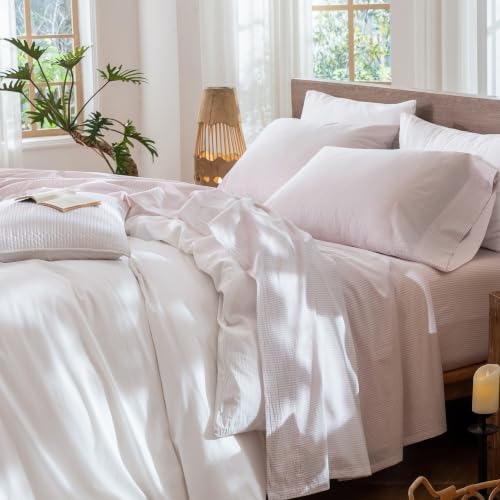 Image of MooMee Striped Sheet Set 100% Washed Cotton Linen Like Queen | Relaxed Linen-like Texture. Soft, Breathable & Lightweight Comfort. 15-19 inch Extra Deep Pocket with All-around Elastic