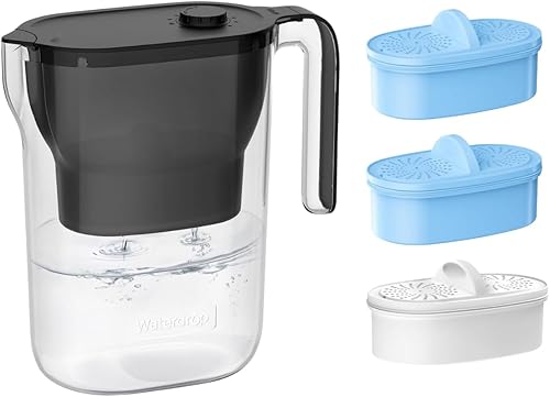 Waterdrop Jarra de filtro de agua de larga duración de 200 galones, purificador de agua certificado NSF, reduce PFOAPFOS, cloro, 7 tazas, negro, con