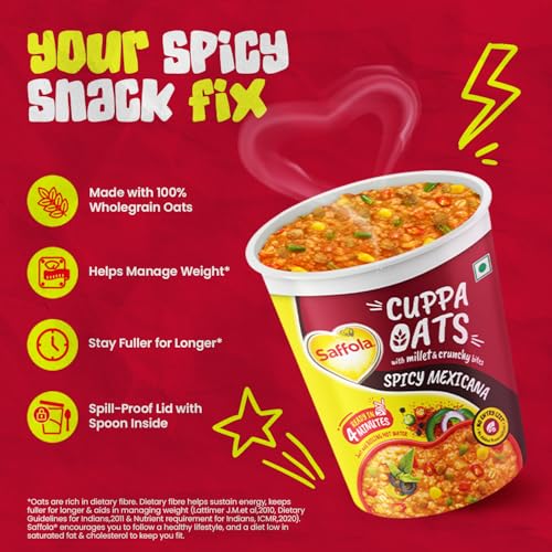 Image of Saffola Cuppa Oats, Spicy Mexicana | Tasty Mazedaar Snack | Just add hot water | Goodness of Jowar & Veggies | No Maida, No Added Preservatives | Helps Manage Weight | 44g /52g (weight may vary)