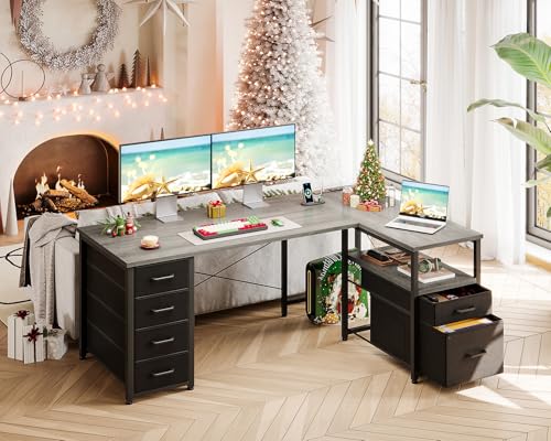 Coleshome 55-Inch L-Shaped Computer Desk with 6 Drawers and Power Outlet - Grey Oak