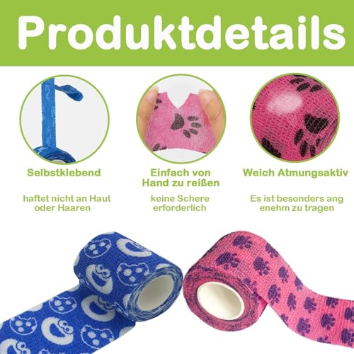 12-Rollen Selbsthaftende Bandage Hund Vet Verband Elastische Selbstklebender Verband, Selbsthaftender Verband, Gipsbinden, Cohesive Pet Vet Wrap für Katze,Hund,Pferd Bein Klebeverband(2.5cm x 4m)