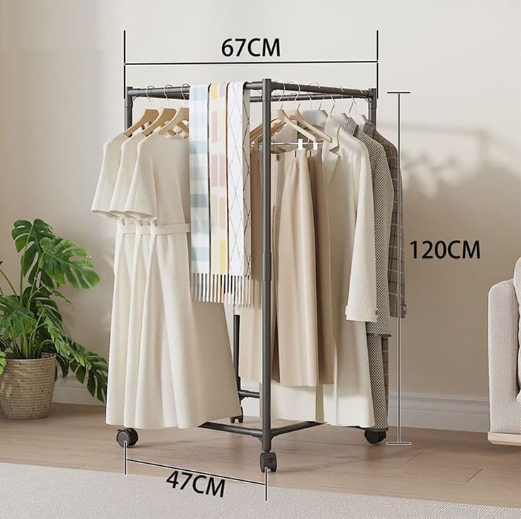 Image of Owme Portable Double Layer Clothes Drying Stand for Home | 2 Tier Rolling Laundry Rack with Wheels | Stainless Steel Garment Drying Rack for Balcony, Bedroom & Utility Area - Black
