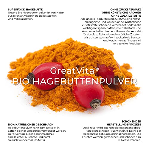 Foto von GreatVita Bio Hagebuttenpulver 1000g | Schonend gemahlenes Pulver aus 100% Bio Hagebutten | Reich an Vitaminen, Ballaststoffen & Mineralstoffen | Fruchtig-säuerlicher Geschmack Ideal für Smoothies