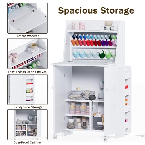 Folding Sewing Machine Cabinet Desk with Adjustable LED Lighting, Built‑In AC & USB Charging Station, Thread Organizer Shelves & Foldable Worktop, Space‑Saving Craft Workstation for Small Spaces - Thumbnail 5