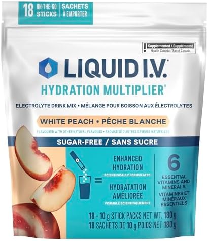 Liquid IV Sugar-Free Electrolyte Drink Mix for enhanced hydration White Peach Hydration Multiplier with Vitamins B3, B5, B12 and C 60 g(18 sticks)