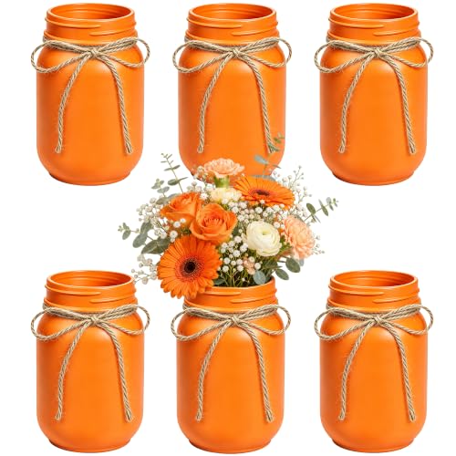 LEYIQU 6Pcs Orange Mason Jar Glass Flower Vases for Centerpieces