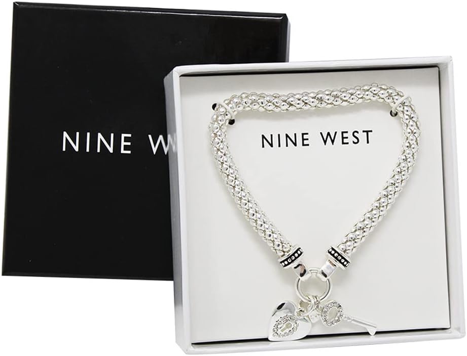 Nine West Women's Crystal Heart Key Stretch Bracelet Silver Tone - Image 3
