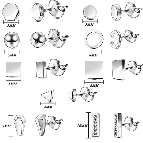 Achieer 16Pairs/Set Simple Vintage Geometric Crystal Stud Earrings Set Charm Trendy Gold/Silver Stainless Steel Punk Earrings Women Causal Jewelry Accessories Gift (A-Silver) #TOP2