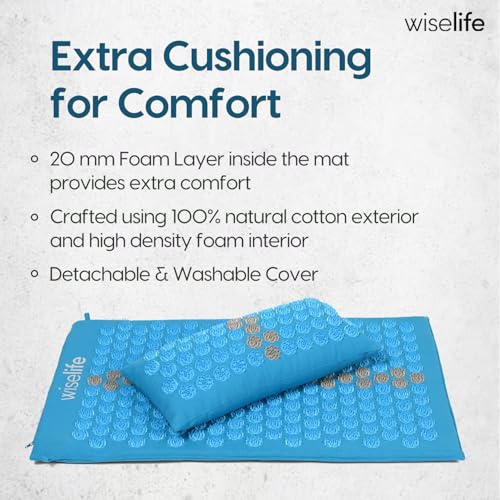 Image of Wiselife Acupressure Mat and Pillow Set with Bag - Large 71x44 cm Spike Acupressure Mat for Back & Neck Pain Relief, Muscle Relaxation, Stress Relief & Sciatica Support (Light Blue)