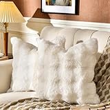 AmHoo Pack of 2 Throw Pillow Covers 3D Dense Faux Rabbit Fur Cozy Super Soft Fuzzy Set Case Cushion for Couch Sofa Bedroom 18 x 18-Inch Cream White