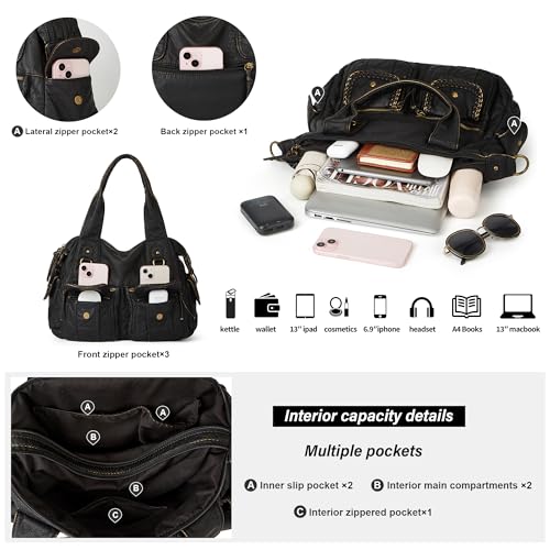 Image of Worldlyda Women Canvas Hobo Purse Multi Pocket Tote Shopper Shoulder Bag Casual Top Handle handbag with Embroidery Ethnic