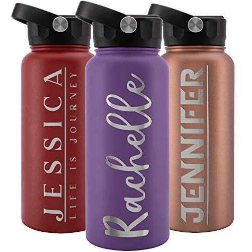 Personalized Water Bottle w Straw Lid Double Wall Insulated | 32 oz - 12 Font - Purple | 9 Color Custom Water Bottle w Name and Text, BPA Free - Non Sweat - Vacuum Insulated