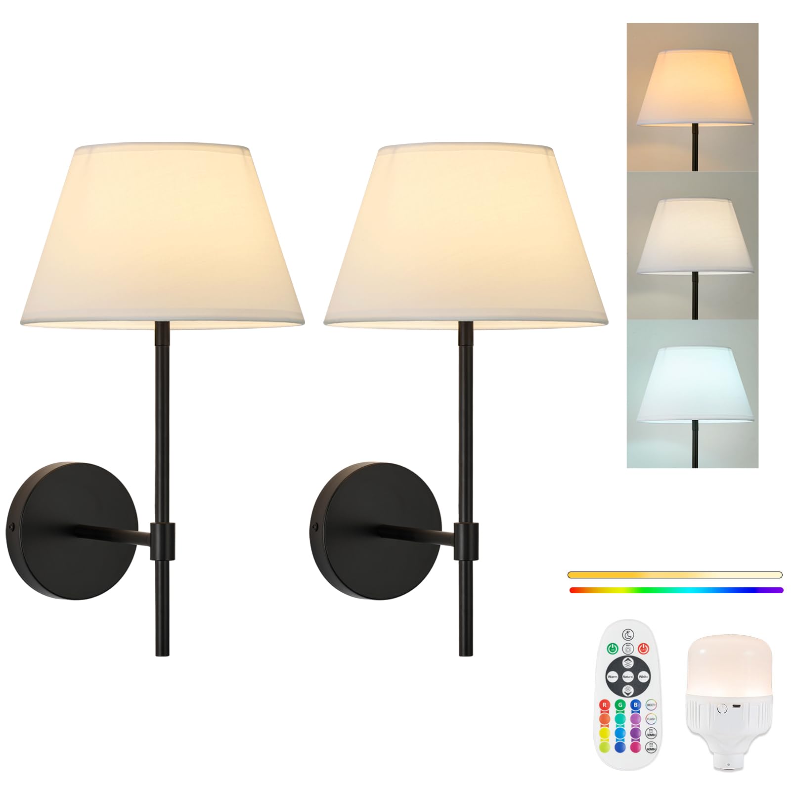 PASSICA DECOR Battery Operated Wall Sconces Set of Two, Wireless Wall Lights for Bedroom, Dimmable Wall Lamps with Rechargeable LED Bulbs and Remote Control, No Wiring Required