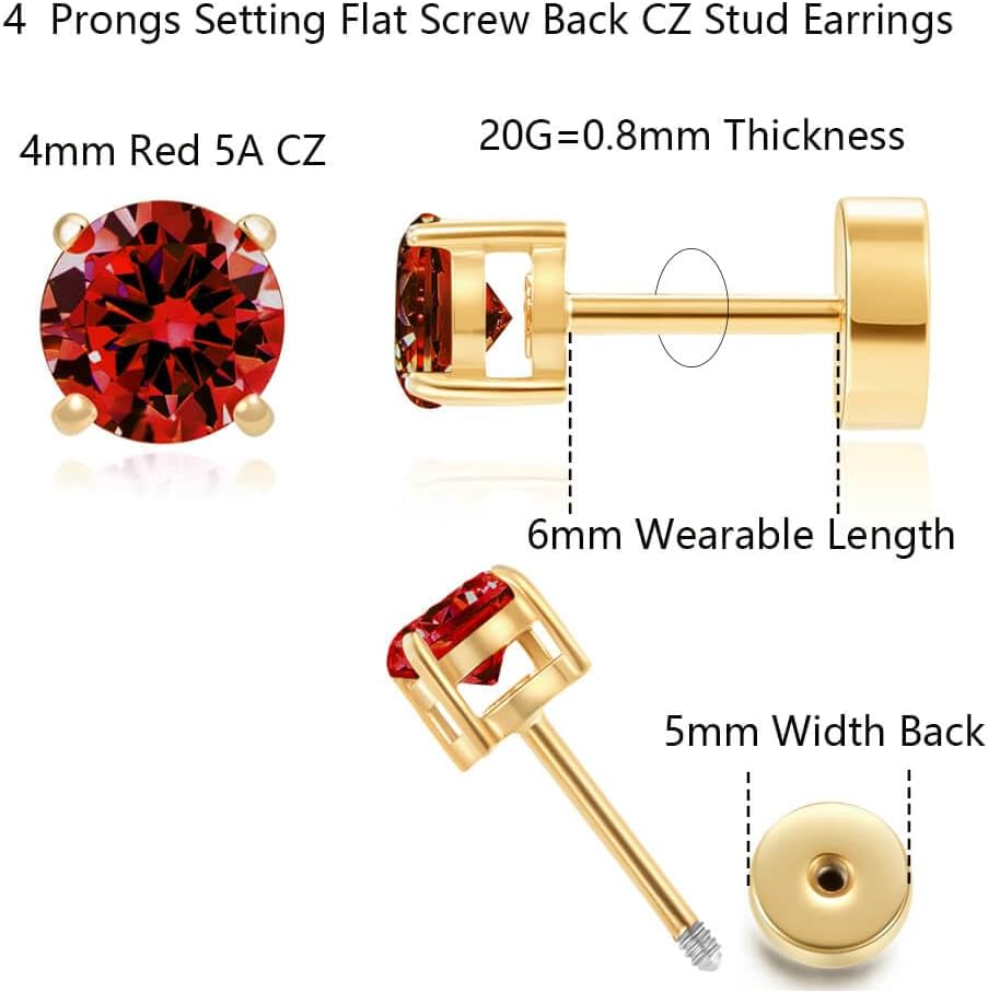 Hypoallergenic Flat Back 5A CZ Stud Earrings, Gold Plated Surgical Steel Secure Screw Back Cartilage Earrings for Women Men with Sensitive Ears | Multiple Piercing, 3-8mm CZ - Image 2