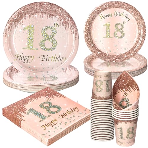 Assiettes en carton et serviettes jetables pour anniversaire 18 ans rose gold