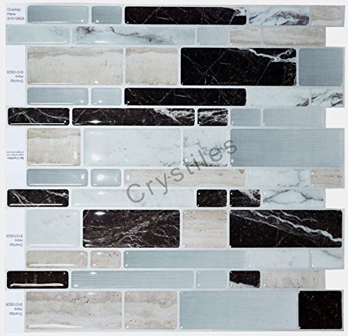 Crystiles 10"X10" Multi-Color Marble Peel And Stick Backsplash, Self-Adhesive Kitchen Backsplash, Light Gray, 6 Sheets Pack #TOP22