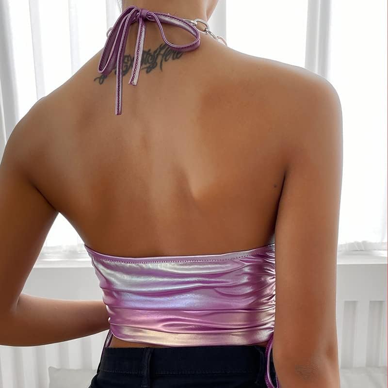 Women's Metallic Holo Halter Chain Neck Cami Tank Top Sleeveless Vest Crop Tops for Rave Music Festival - Image 4