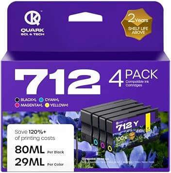 712XL 712 Ink Cartridges Compatible Replacement for HP 712 712XL 712 Ink Cartridges Combo Pack for HP DesignJet T650 T630 T230 T210 Printer 4 Pack, 80-ML Black, 29-ML Cyan/Magenta/Yellow