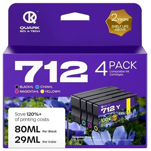 712XL 712 Ink Cartridges Compatible Replacement for HP 712 712XL 712 Ink Cartridges Combo Pack for HP DesignJet T650 T630 T230 T210 Printer (4 Pack, 80-ML Black, 29-ML Cyan/Magenta/Yellow)