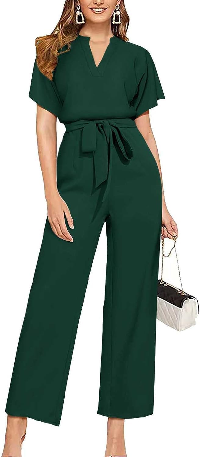Odzież na co dzień Kombinezony Dressy dla kobiet Casual V neck Krótkie rękawy Pajacyki z szerokimi nogawkami i paskiem (Color : czarny, Size : L)