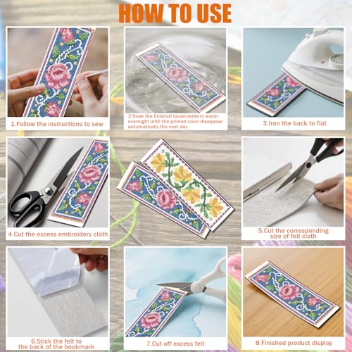 Image of FREEBLOSS 6 Set Cross Stitch Bookmark Kit 11 CT Complete Stamped Cross Stitch Kit DIY Embroidery Bookmark Kits for Adult Beginners with Instructions, Vintage Floral Pattern, 6 x 20 cm /8 inch x 2.4 inch