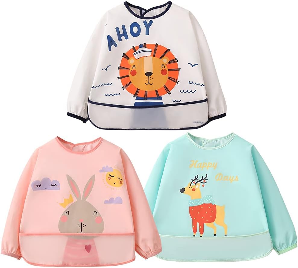 Long Sleeve Baby Bibs, Unisex Waterproof Feeding Bibs Smock Apron Set for 6-24 Months Infant Child Toddler 3 Pcs - M