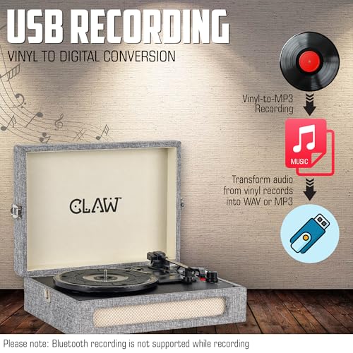 Image of Claw Stag Retro Vinyl Record Player with Bluetooth 5.3, 10W Stereo Speakers, 33 /45 /78 RPM, USB Recording, AUX-in, RCA Out, Headphone Jack, Volume Knob & Playback Buttons | Grey