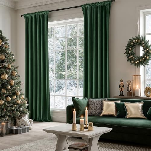 Image of MIULEE Velvet Curtains 50W x 84L 2 Panels Hunter Green Blackout Curtains | Luxury velvet fabric, pinch pleat design, back tab hooks, thermal insulated, blackout light blocking, for living room bedroom