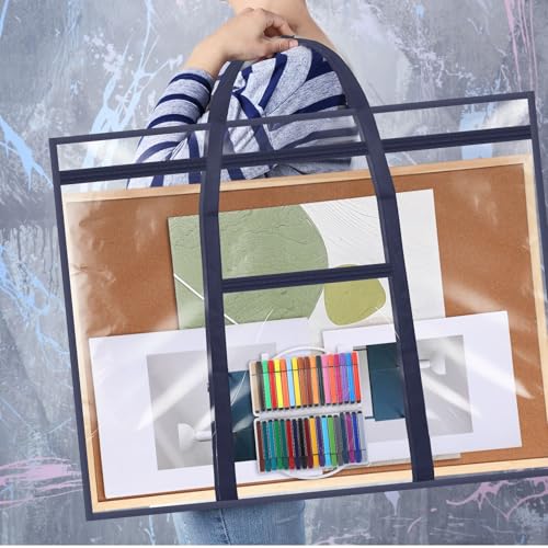 Image of Huhumy Large Art Portfolio Case 48 inch x 36 inch Poster Storage Bag Bulletin Board Holder Container PVC Folder with Zipper Handles Pocket for Teachers Artist Artwork Organization (Blue,Clear)
