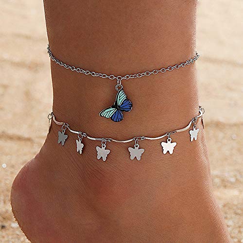 Missgrace Layered Anklets Women Butterfly Silver Ankle Bracelet Charm Beaded Dainty Foot Jewelry for Women and Teen Girls Summer Barefoot Beach Anklet