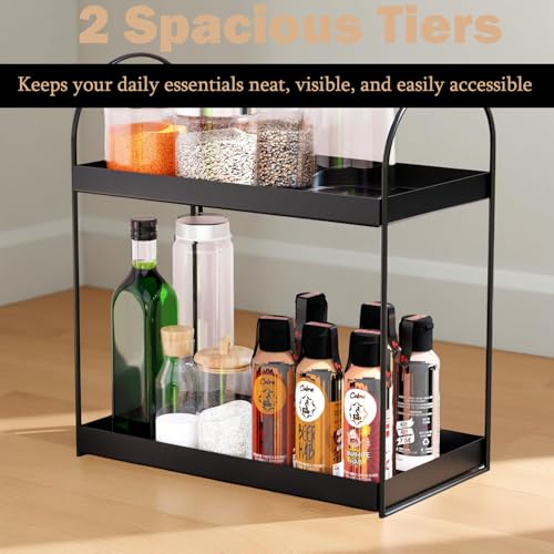 Image of IVAZA Compact 2-Tier Counter Organizer Shelf for Kitchen Spices, Bathroom Makeup Display Stand, Multifunctional Storage Rack for Home Decor and Essentials Black