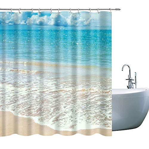 Goodcare Ocean Shower Curtain Blue Sea Beach, Cloth Fabric Bathroom Decor Set With Hooks 71X71Inches Blue White #TOP5
